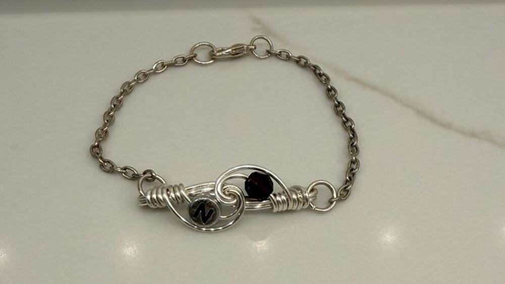 Artisan Wire Wrapped Bracelet Silver Tone Burgundy Crystal N Initial Monogram